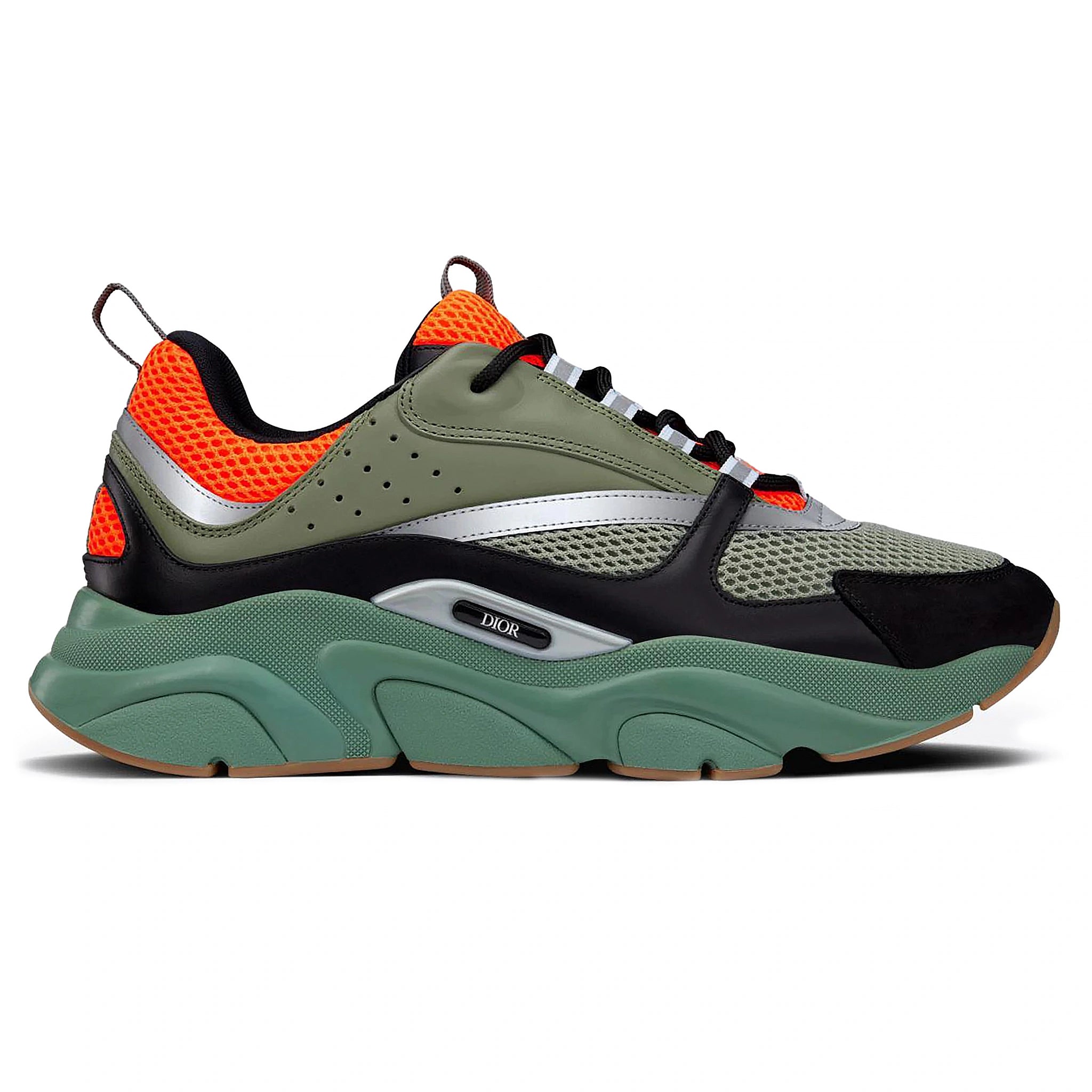 Side view of Dior B22 Orange Olive Black Trainer 3SN231YKC_H662